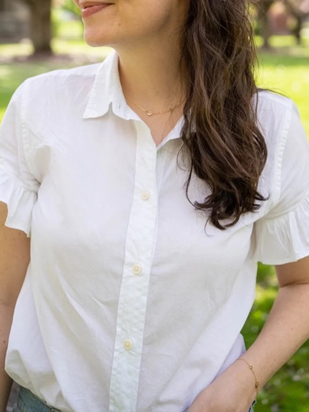 J.Crew White Classic Fit Lightweight Cotton Poplin Ruffle Sleeve Shirt | 16